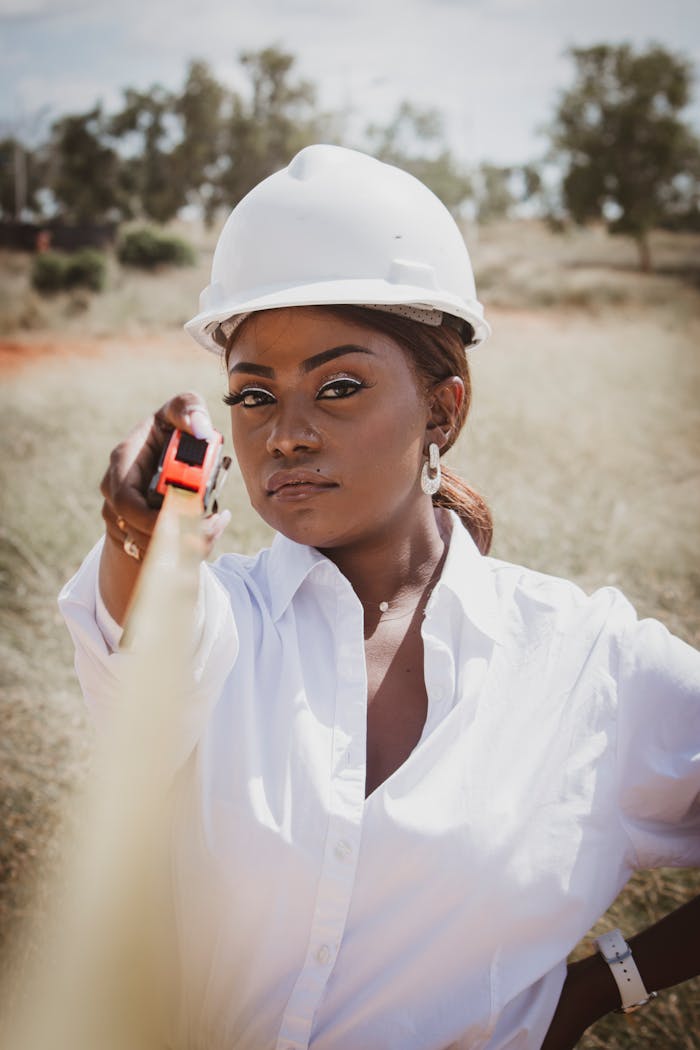 A confident female engineer holds a tape measure in the field, showcasing determination and professionalism.